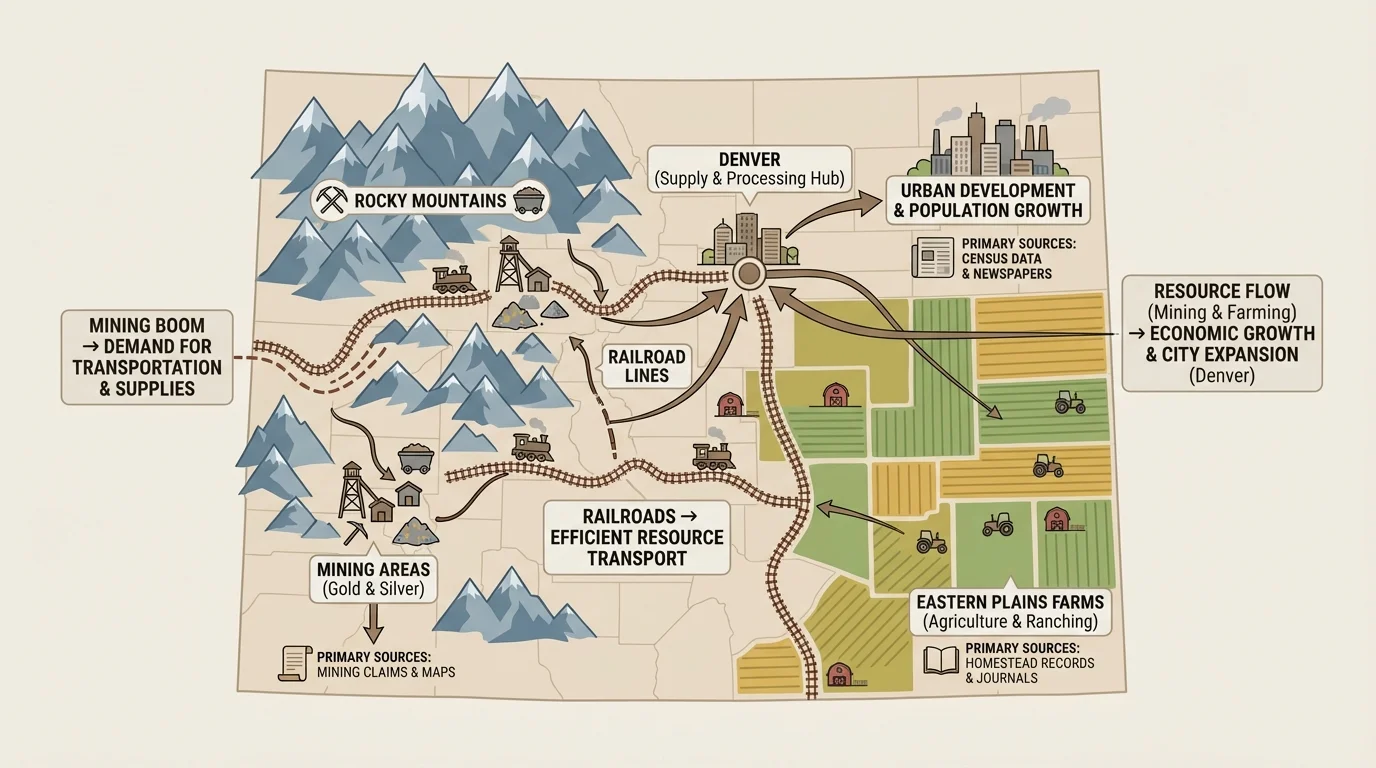 simple Colorado map with Denver, mountain mining areas, eastern plains farms, and railroad lines connecting them
