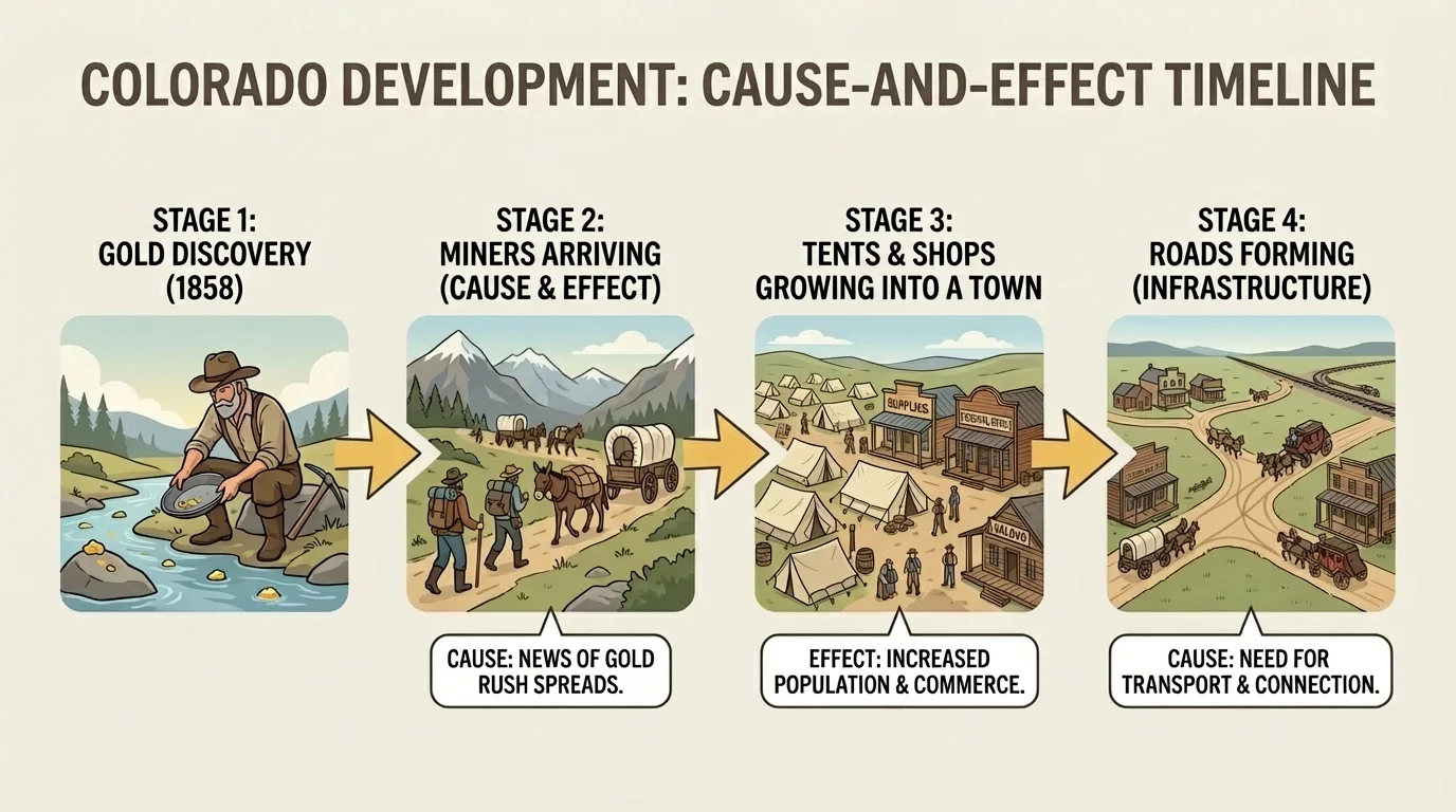 timeline showing gold discovery, miners arriving, tents and shops growing into a town, and roads forming