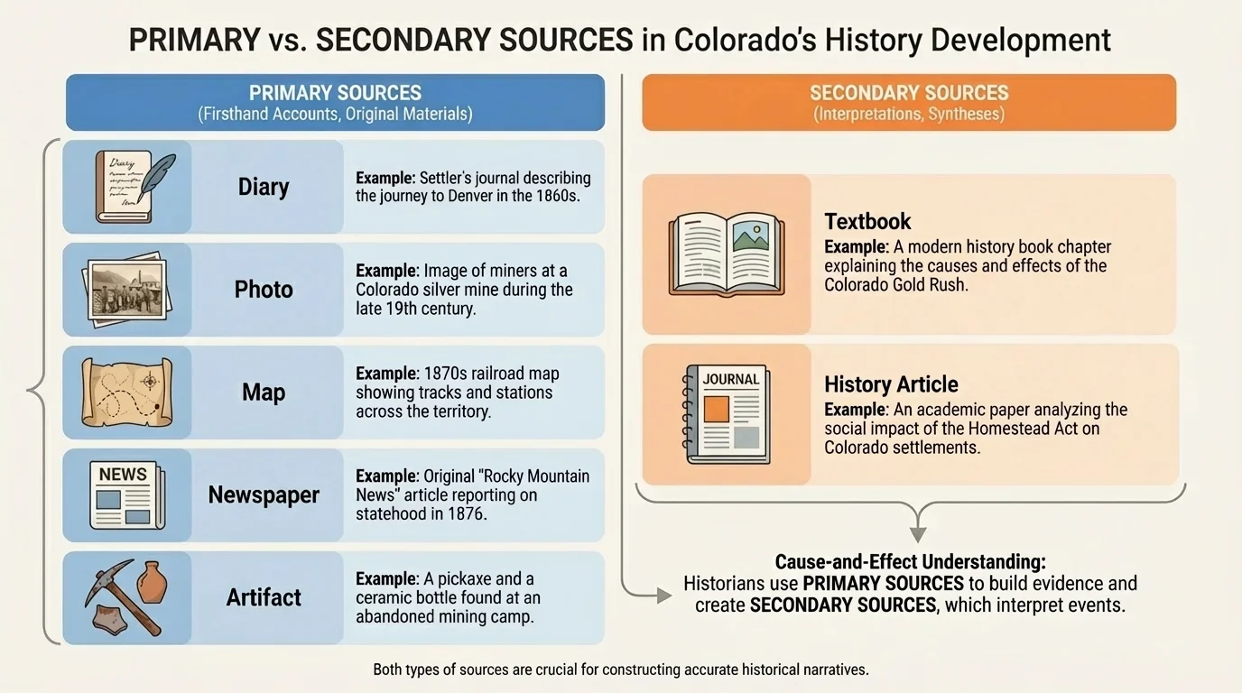 chart comparing primary sources like diary, photo, map, newspaper, and artifact with secondary sources like textbook and history article