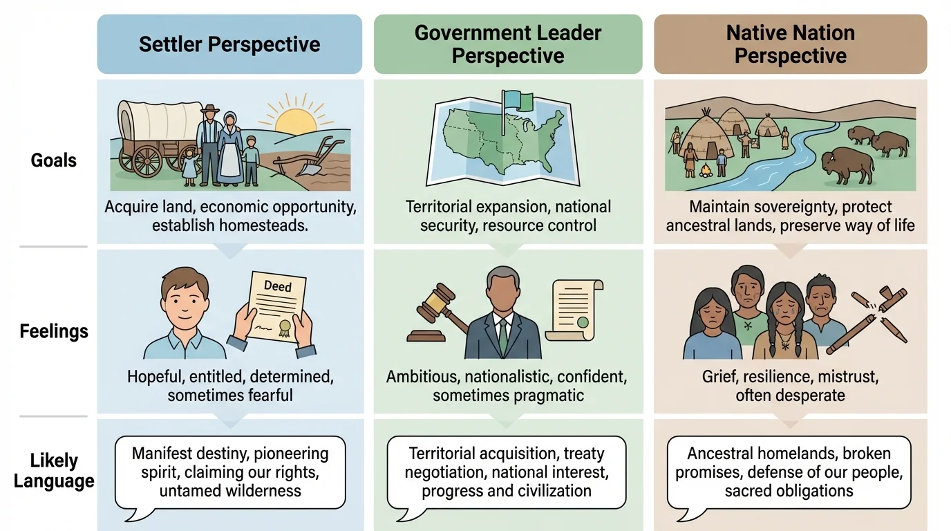 three-column comparison of westward expansion from settler, government leader, and Native nation perspectives with rows for goals, feelings, and likely language