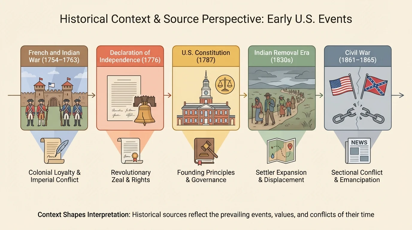 major early United States events in order, including French and Indian War, Declaration of Independence, Constitution, Indian Removal era, and Civil War