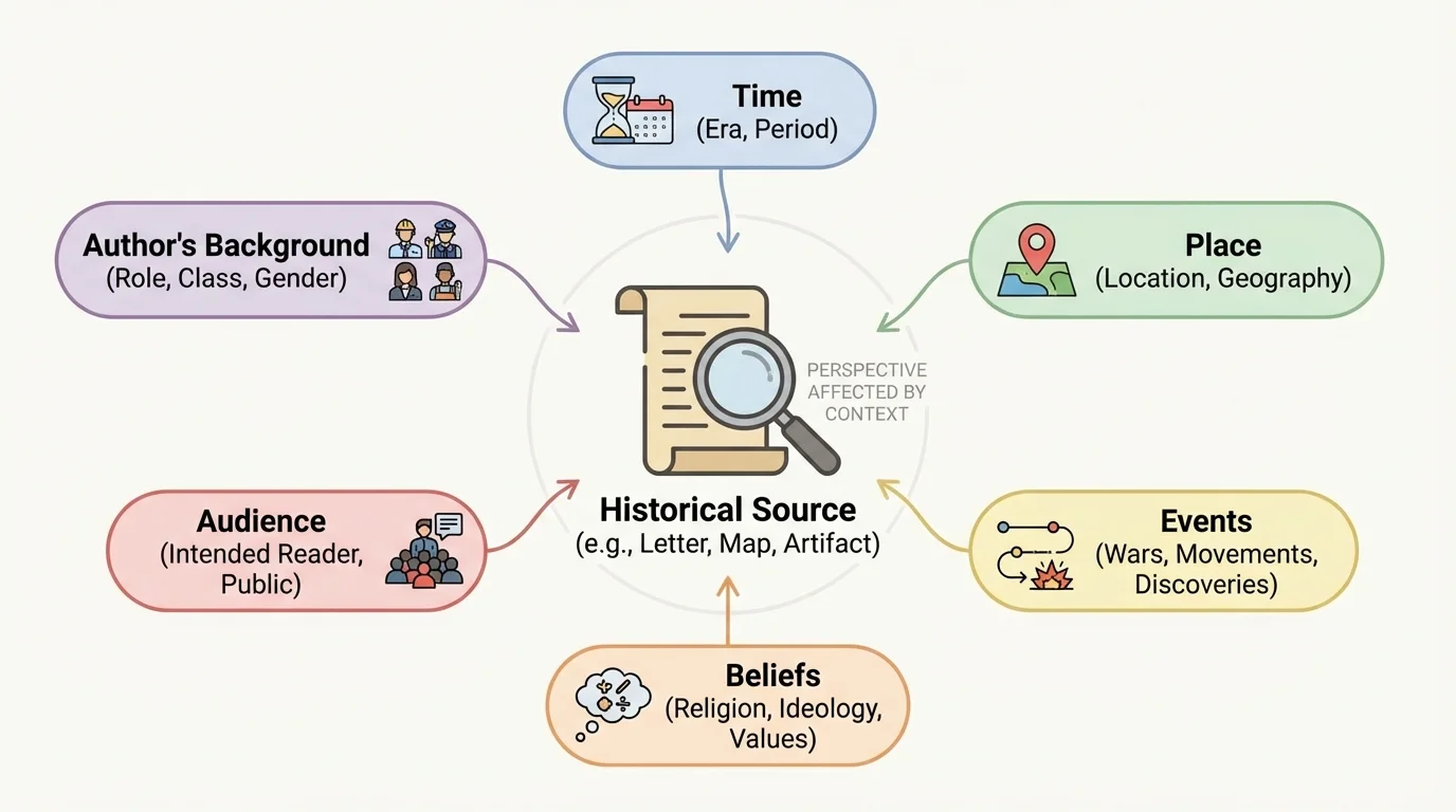 historical source in the center surrounded by labeled factors such as time, place, events, beliefs, audience, and author's background