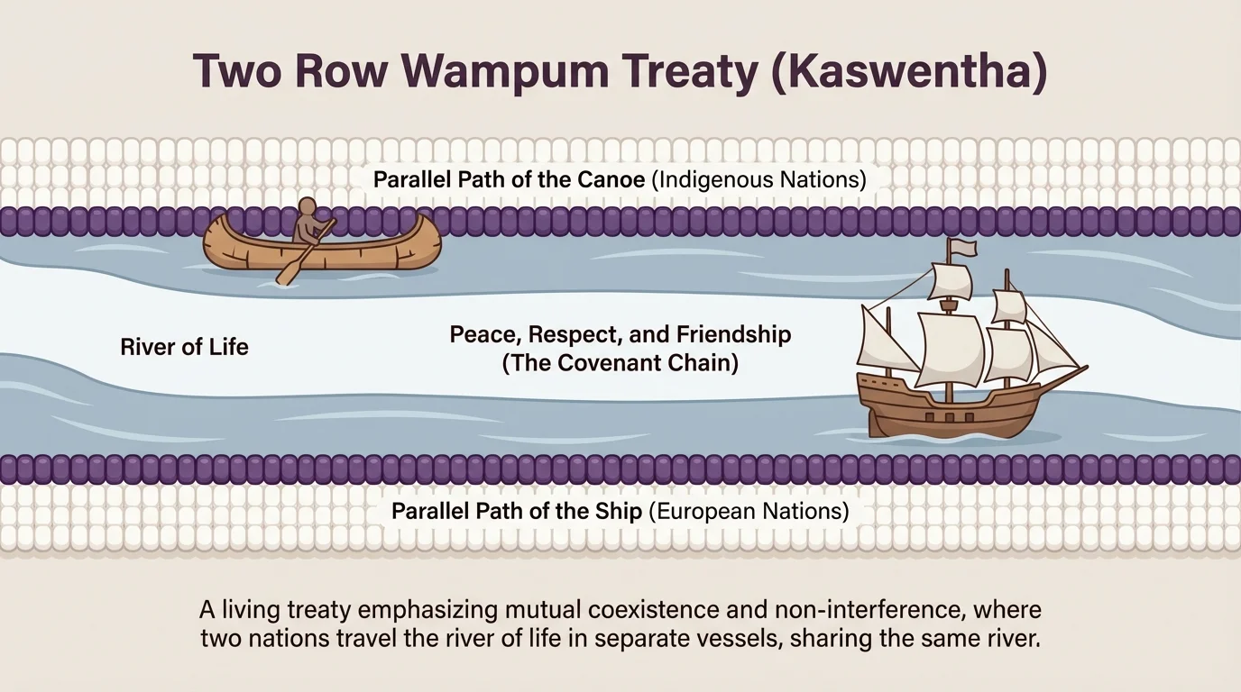 Two Row Wampum belt with two parallel purple rows on white background, labeled canoe and ship moving side by side on a river