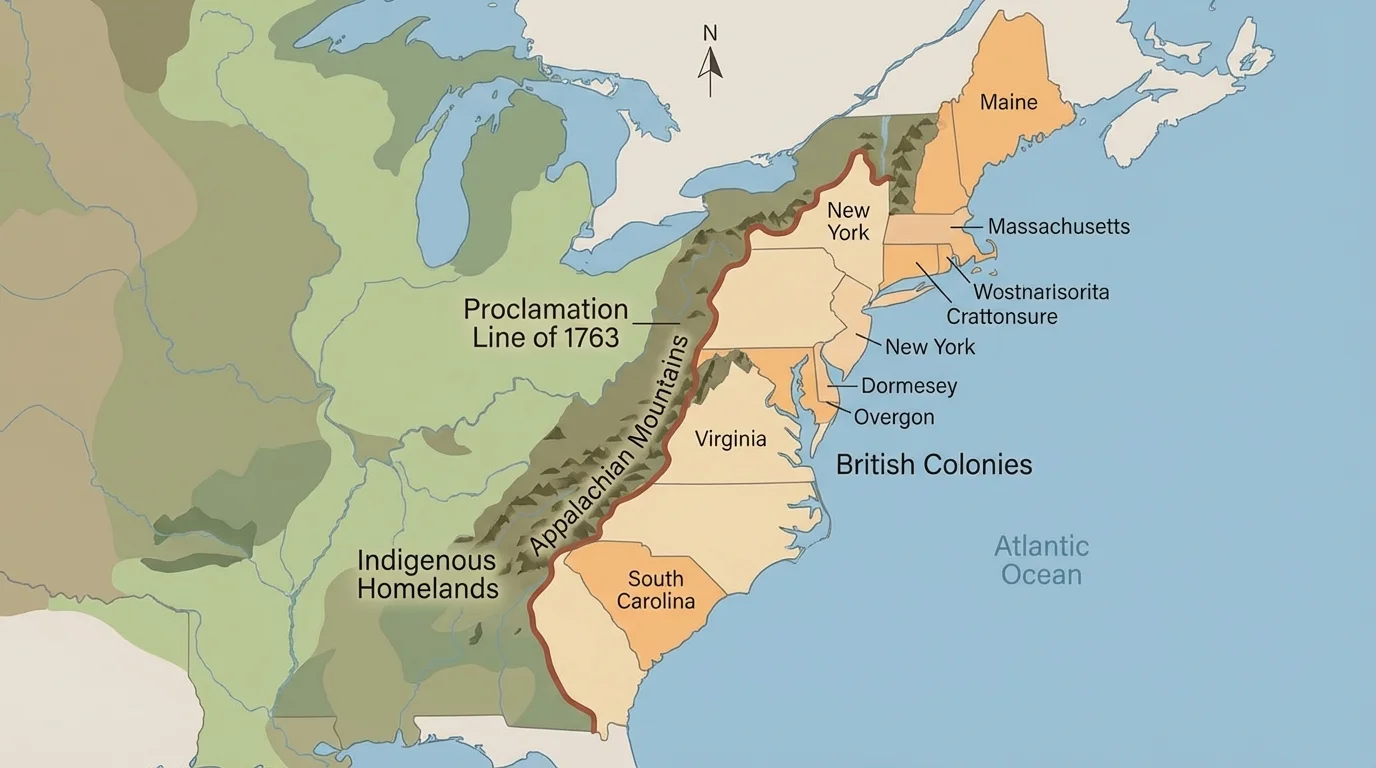 map of eastern North America showing the Appalachian Mountains, the Proclamation Line of 1763, British colonies along the Atlantic coast, and Indigenous homelands to the west