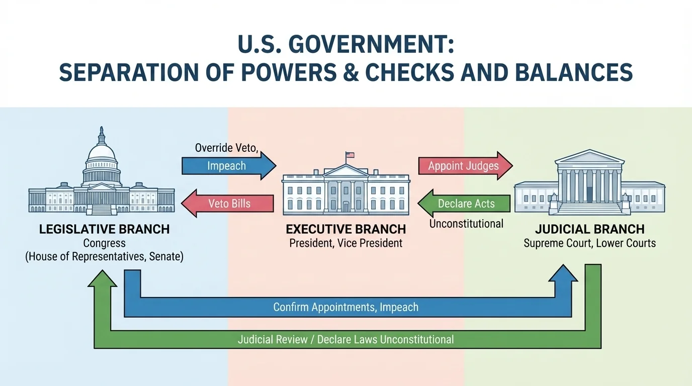 simple three-branch government diagram with legislative, executive, and judicial branches connected by arrows showing checks and balances
