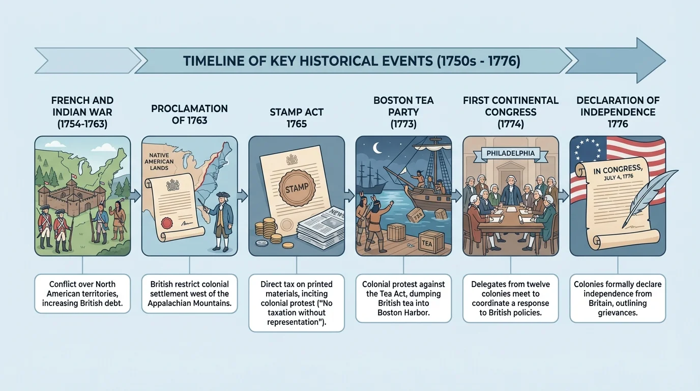 timeline showing French and Indian War, Proclamation of 1763, Stamp Act 1765, Boston Tea Party, First Continental Congress, and Declaration of Independence 1776