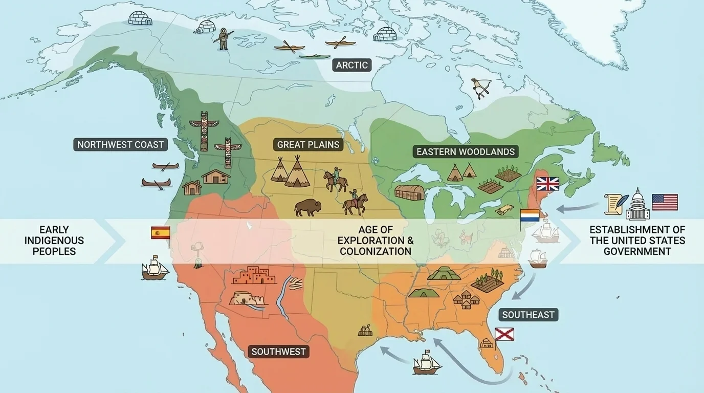 Map of North America with regions labeled Arctic, Northwest Coast, Great Plains, Eastern Woodlands, Southeast, and Southwest