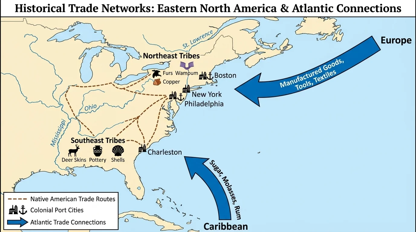 Historical map of eastern North America showing Native American trade networks, colonial port cities, and Atlantic trade connections with simple arrows and region labels