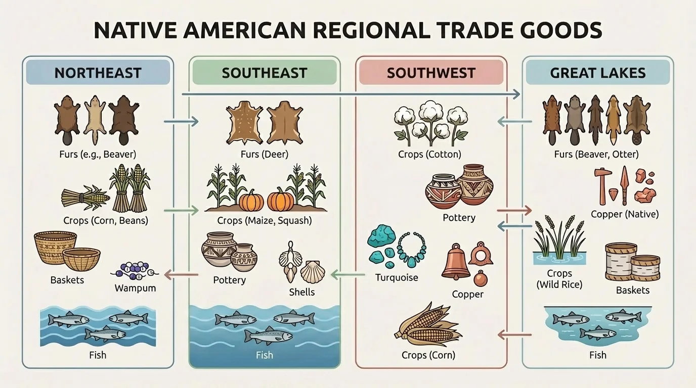 Comparison chart of Native American regional trade goods with four sections labeled Northeast, Southeast, Southwest, and Great Lakes showing furs, crops, pottery, turquoise, copper, and fish