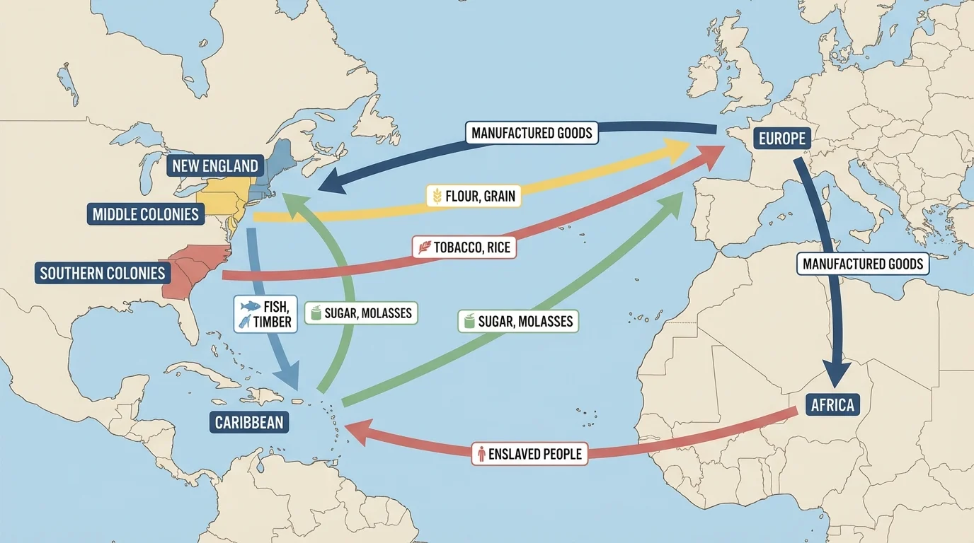 Simple Atlantic trade map with arrows linking New England, Middle Colonies, Southern Colonies, the Caribbean, Europe, and Africa, with labels for fish, timber, flour, tobacco, rice, sugar, and manufactured goods