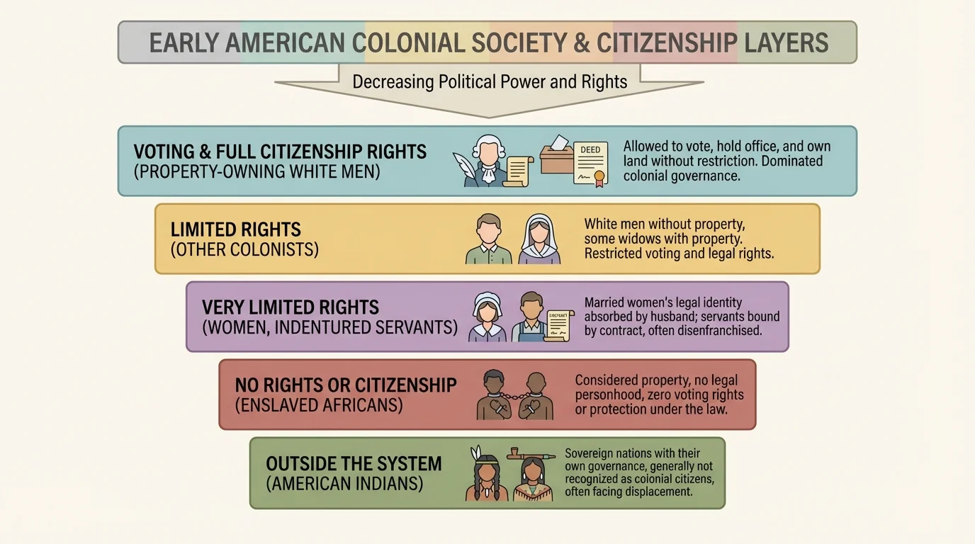 Layered colonial society chart showing property-owning white men at top, then other colonists, with women, indentured servants, enslaved Africans, and American Indians lower or outside voting rights