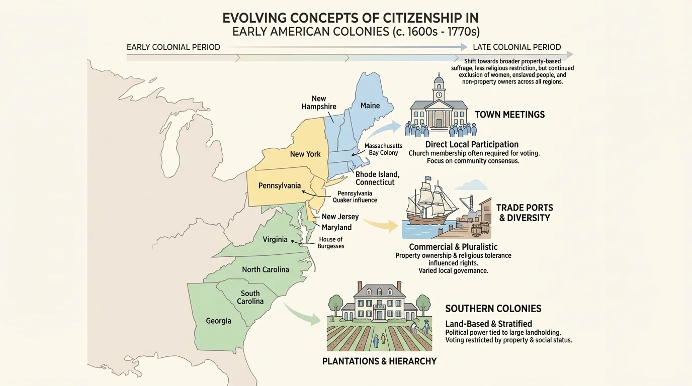 Map of the thirteen colonies grouped into New England, Middle, and Southern Colonies with simple icons for town meetings, trade ports, and plantations