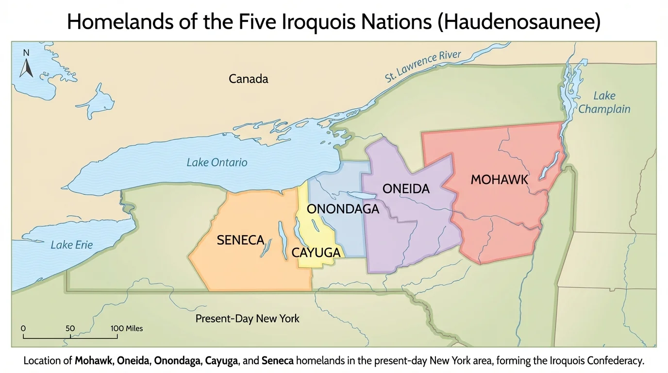 map labeling Mohawk, Oneida, Onondaga, Cayuga, and Seneca homelands in present-day New York area