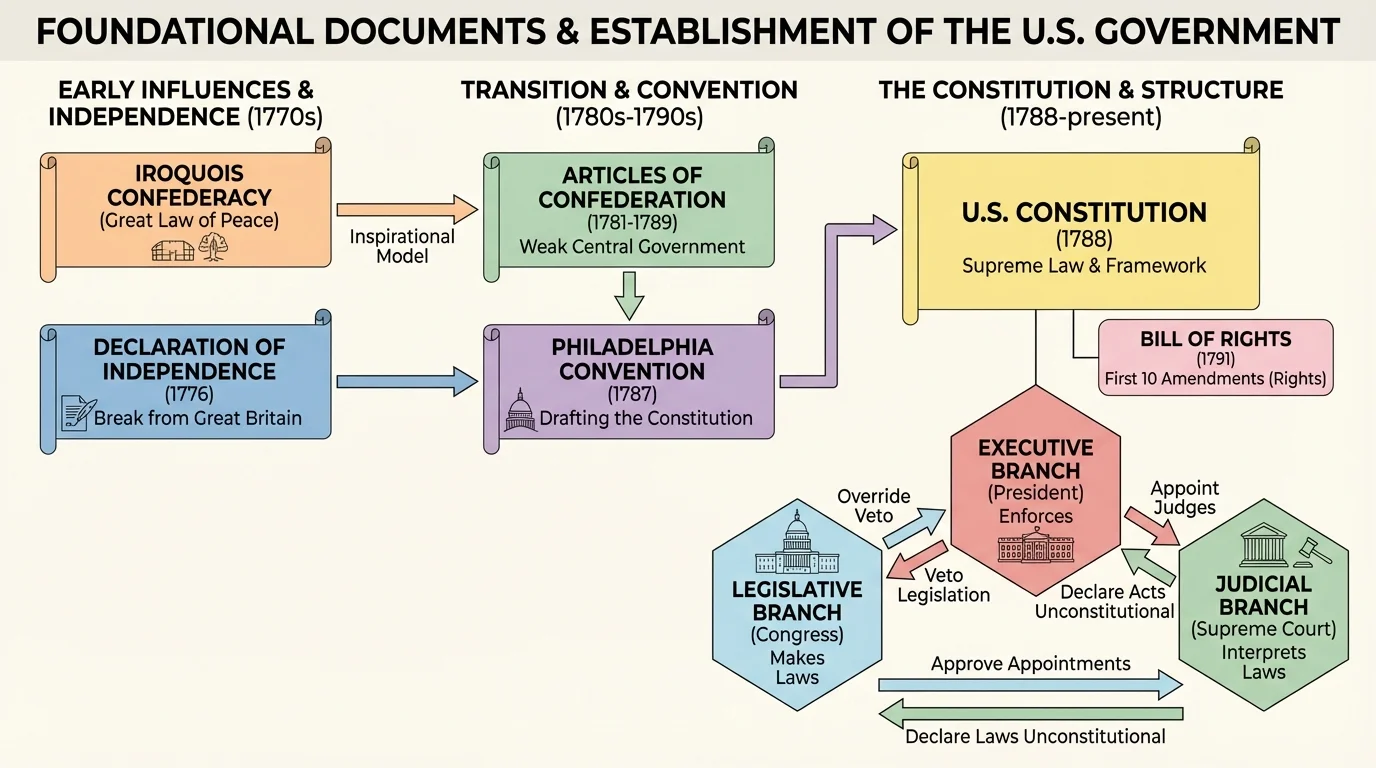 diagram showing legislative, executive, and judicial branches with arrows showing shared powers and limits