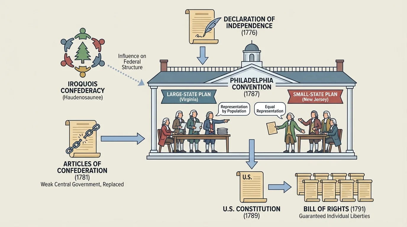 illustration of delegates in Independence Hall debating large-state and small-state plans