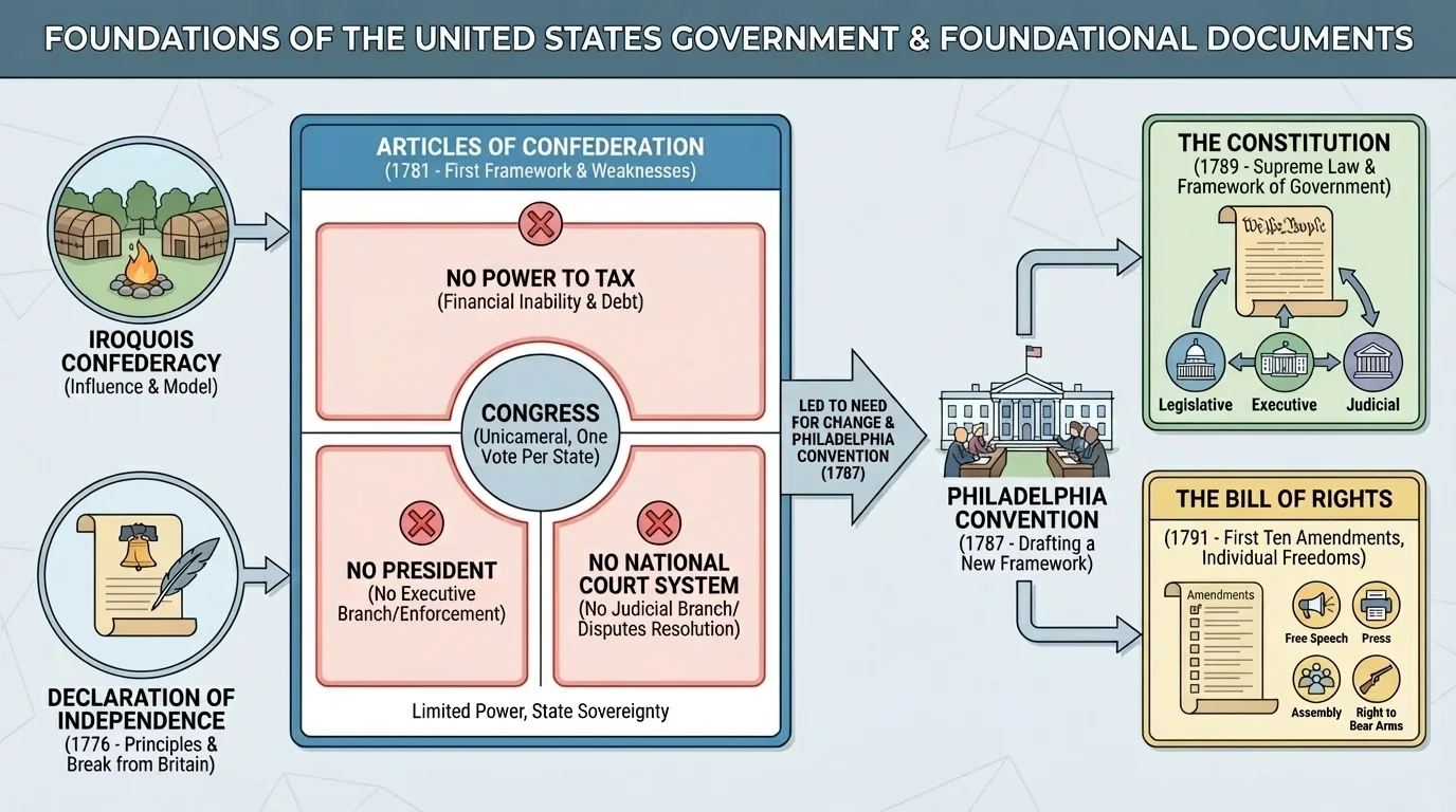 chart with Congress in center and missing powers such as no power to tax, no president, and no national court system