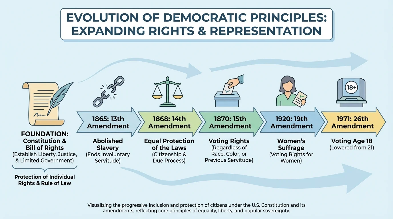 timeline highlighting Bill of Rights, 13th Amendment ending slavery, 14th Amendment equal protection, 15th Amendment voting rights regardless of race, 19th Amendment women's suffrage, and 26th Amendment voting age 18