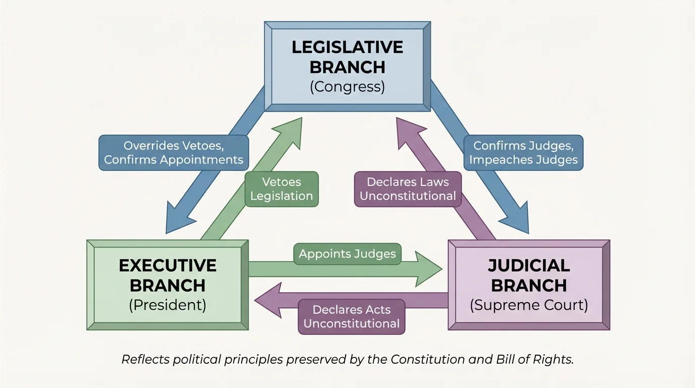 diagram of the three branches of the United States government with simple arrows showing Congress, President, and Supreme Court checking one another