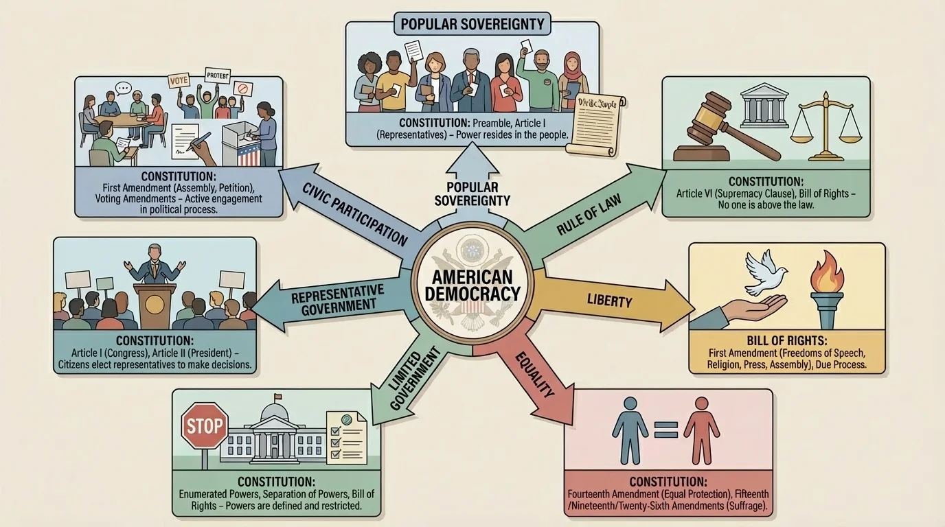 chart with American democracy in the center and connected labels for popular sovereignty, rule of law, liberty, equality, limited government, representative government, and civic participation