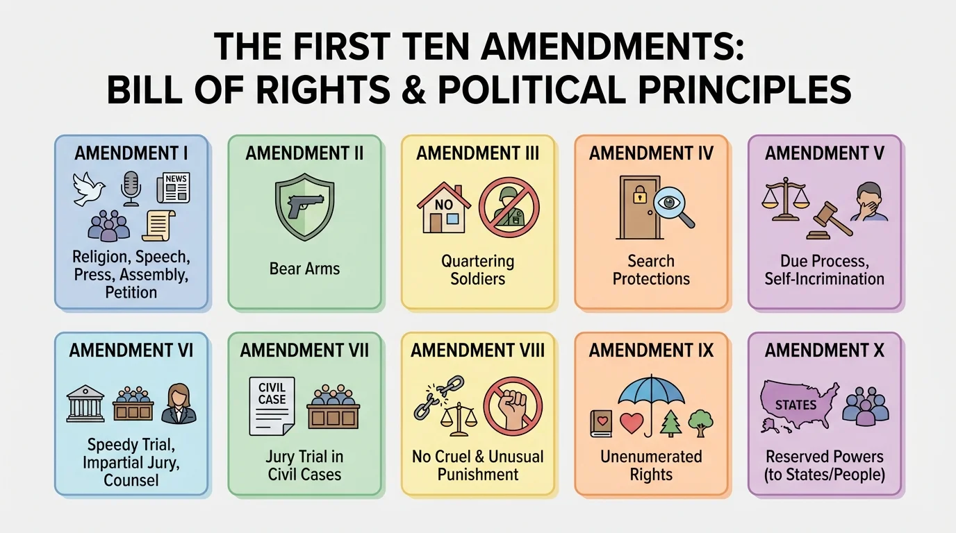 chart listing the first ten amendments with short labels such as religion, speech, press, assembly, petition, bear arms, search protections, due process, jury trial, and reserved powers