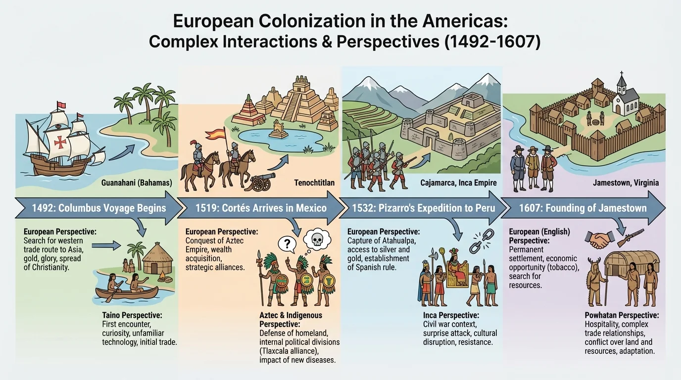 Timeline with selected events including 1492 Columbus voyage, 1519 Cortés in Mexico, 1532 Pizarro in Peru, and 1607 Jamestown