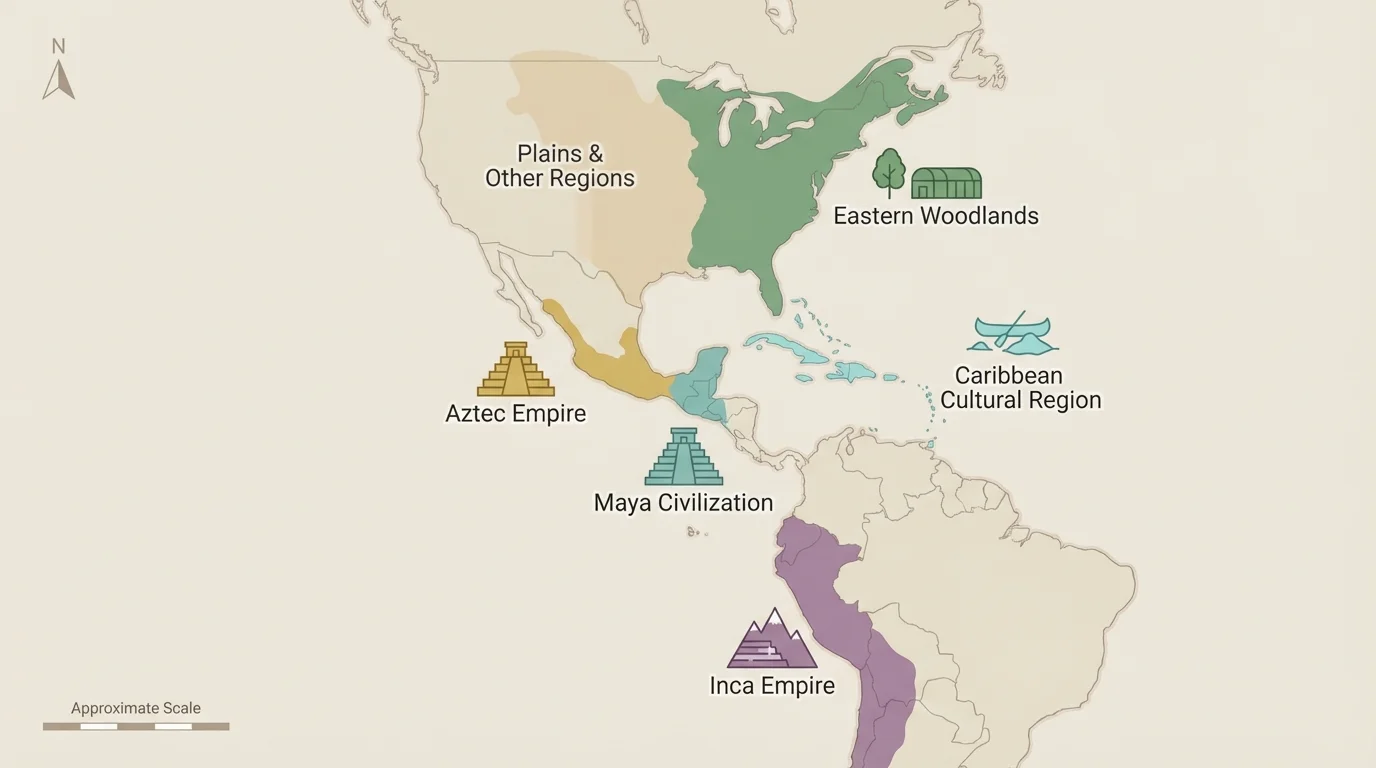 Map of the Western Hemisphere showing major Indigenous civilizations and cultural regions such as the Aztec, Maya, Inca, Caribbean, and Eastern Woodlands