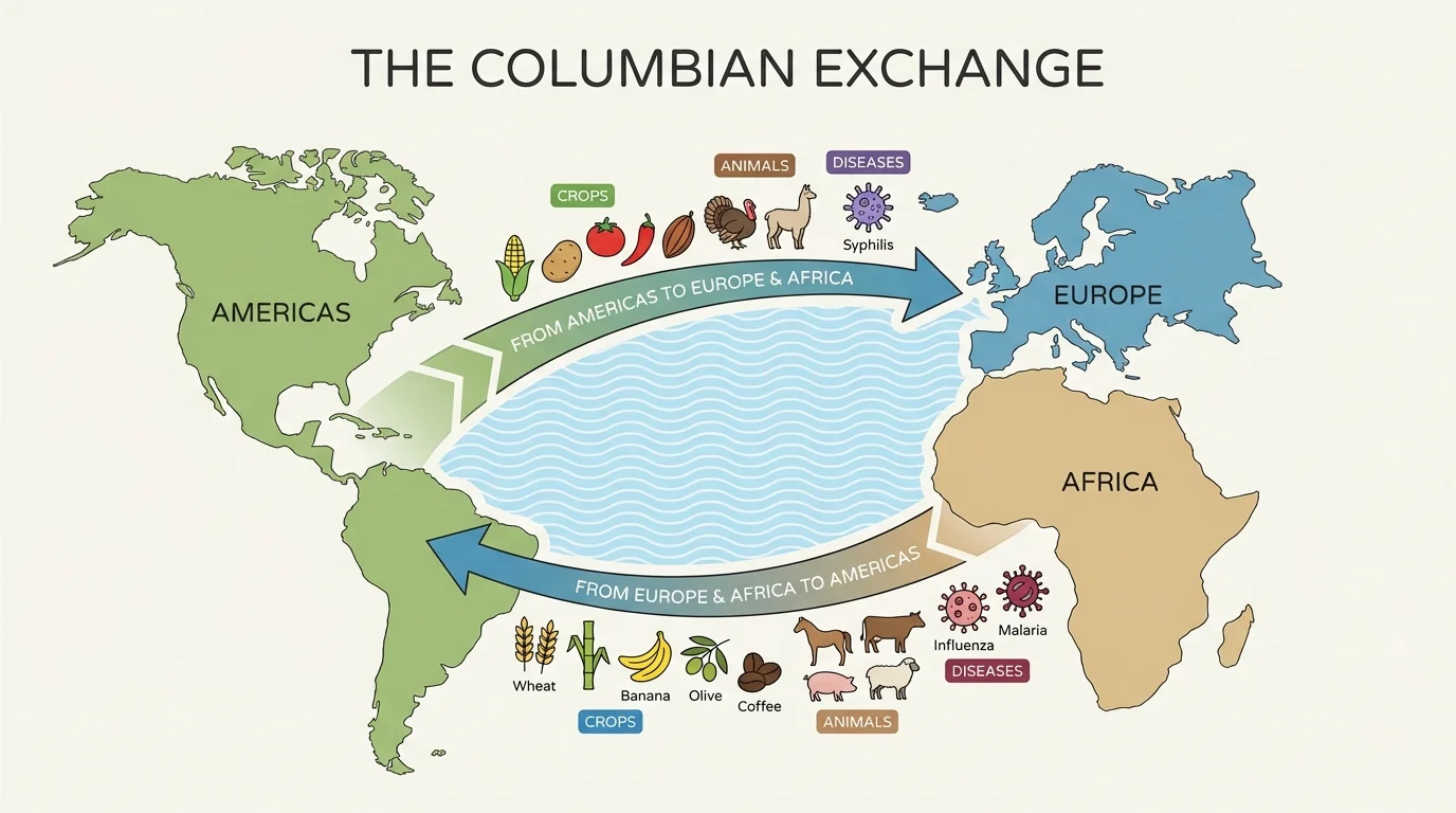 Simple flowchart showing crops, animals, and diseases moving between Europe, Africa, and the Americas during the Columbian Exchange