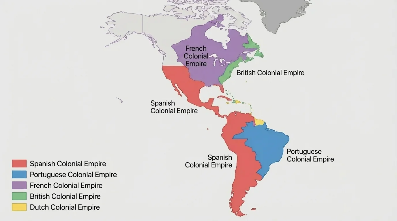Major Spanish, Portuguese, French, British, and Dutch colonial regions in the Western Hemisphere with simple color-coded areas