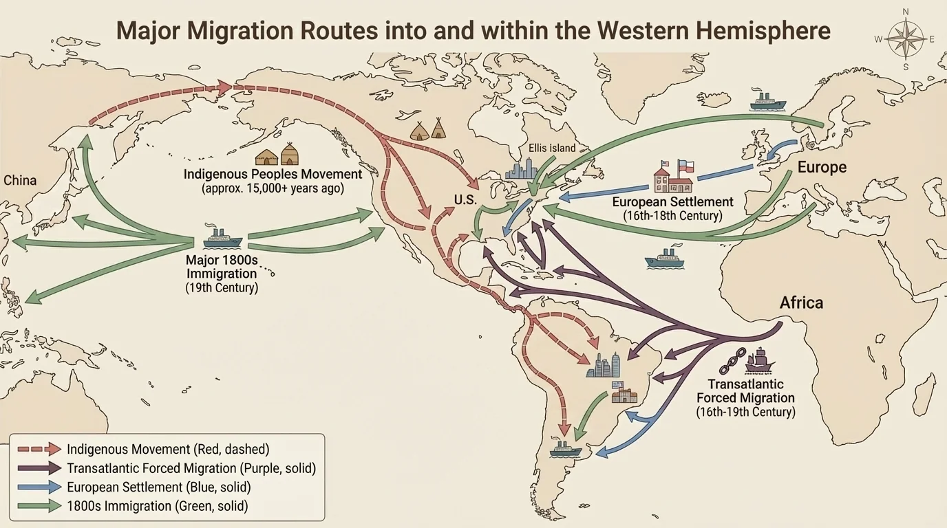 Major migration routes into and within the Western Hemisphere, including Indigenous movement, transatlantic forced migration from Africa, European settlement routes, and major 1800s immigration destinations