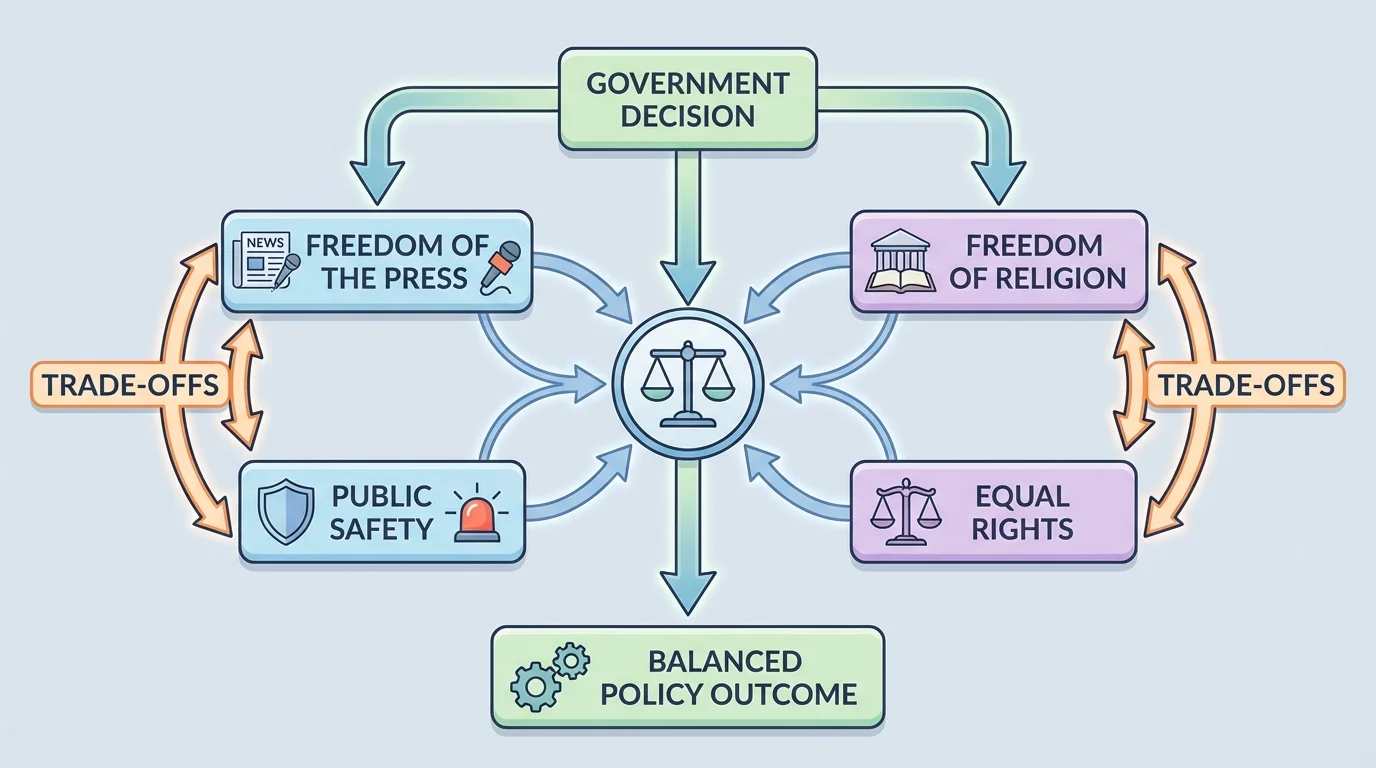 flowchart showing a government decision balancing freedom of the press, public safety, freedom of religion, and equal rights with arrows showing trade-offs