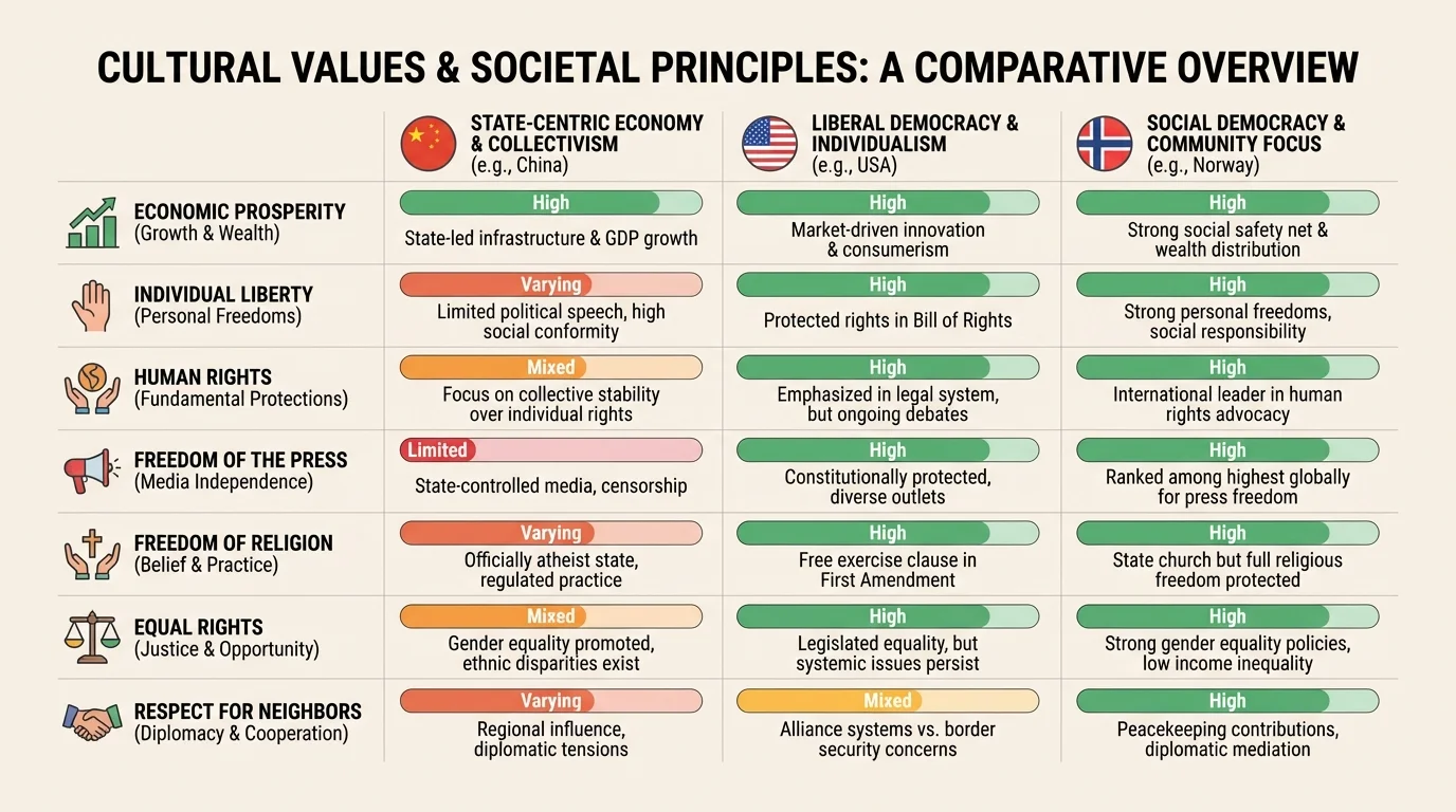 chart comparing economic prosperity, individual liberty, human rights, freedom of the press, freedom of religion, equal rights, and respect for neighbors with one simple real-world example for each