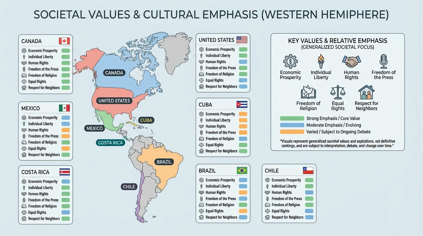 map of the Western Hemisphere highlighting Canada, United States, Mexico, Costa Rica, Cuba, Brazil, and Chile