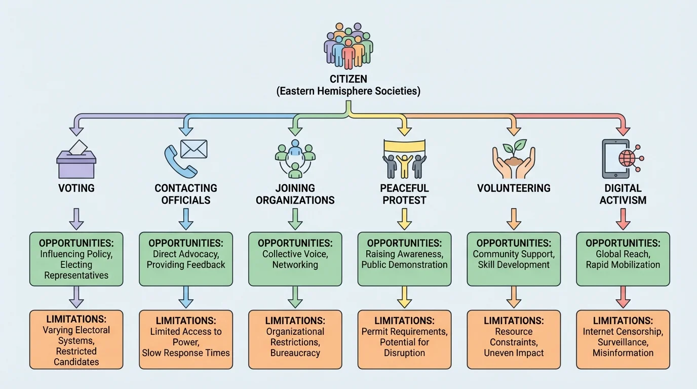 flowchart of civic participation paths from citizen to actions such as voting, contacting officials, joining organizations, peaceful protest, volunteering, and digital activism