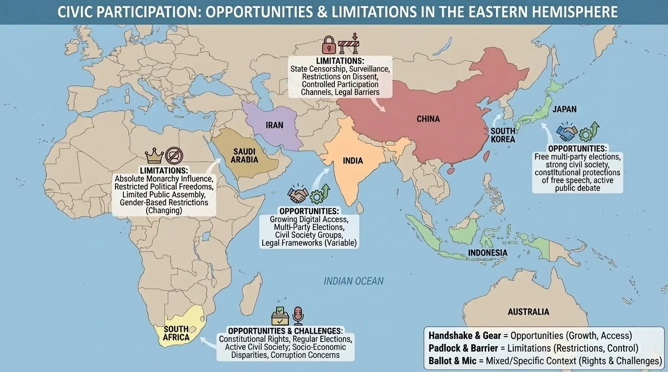 map of the Eastern Hemisphere highlighting India, Japan, South Korea, Indonesia, China, Iran, Saudi Arabia, and South Africa