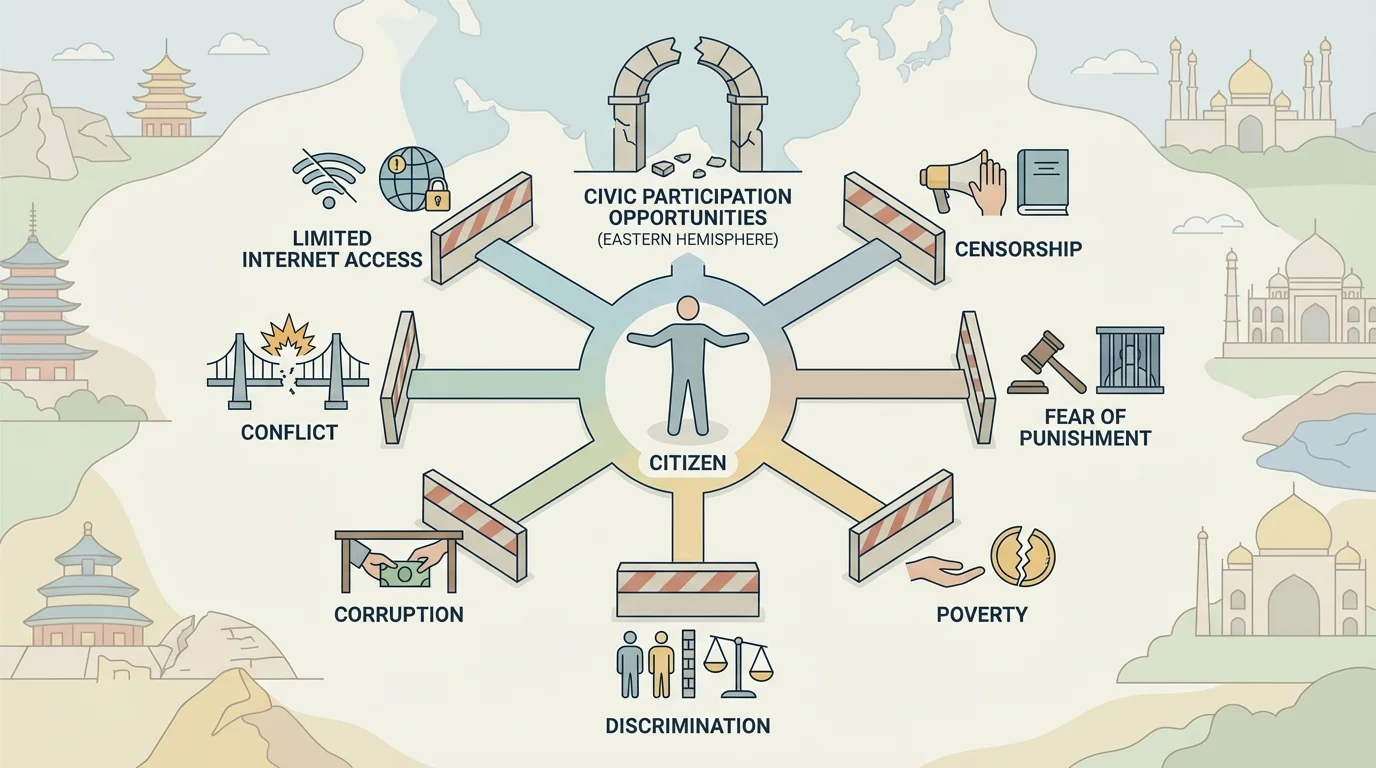 barrier diagram showing citizen at center with blocked paths labeled censorship, fear of punishment, poverty, discrimination, corruption, conflict, and limited internet access