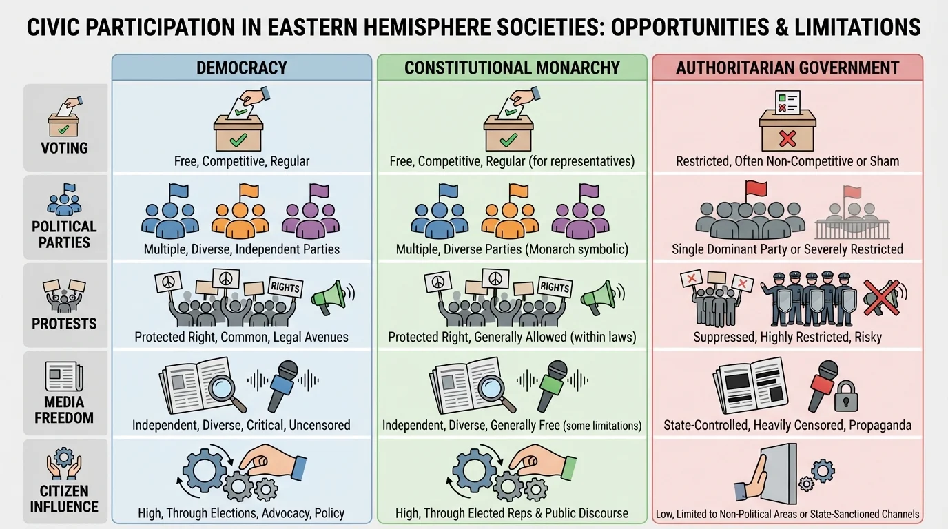 comparison chart of democracy, constitutional monarchy, and authoritarian government showing voting, political parties, protests, media freedom, and citizen influence