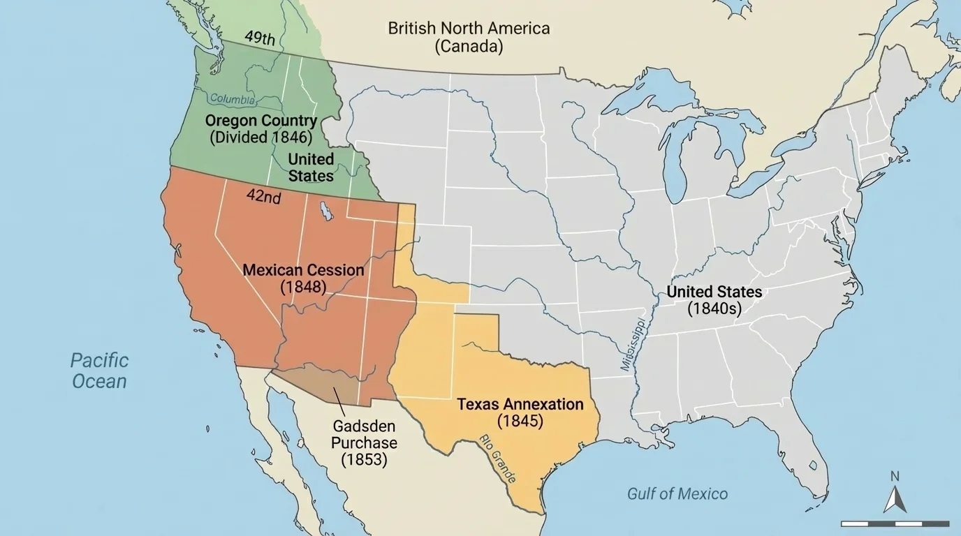 map of western North America showing Texas annexation, Oregon Country divided at the 49th parallel, and the Mexican Cession in the Southwest with contrasting colors