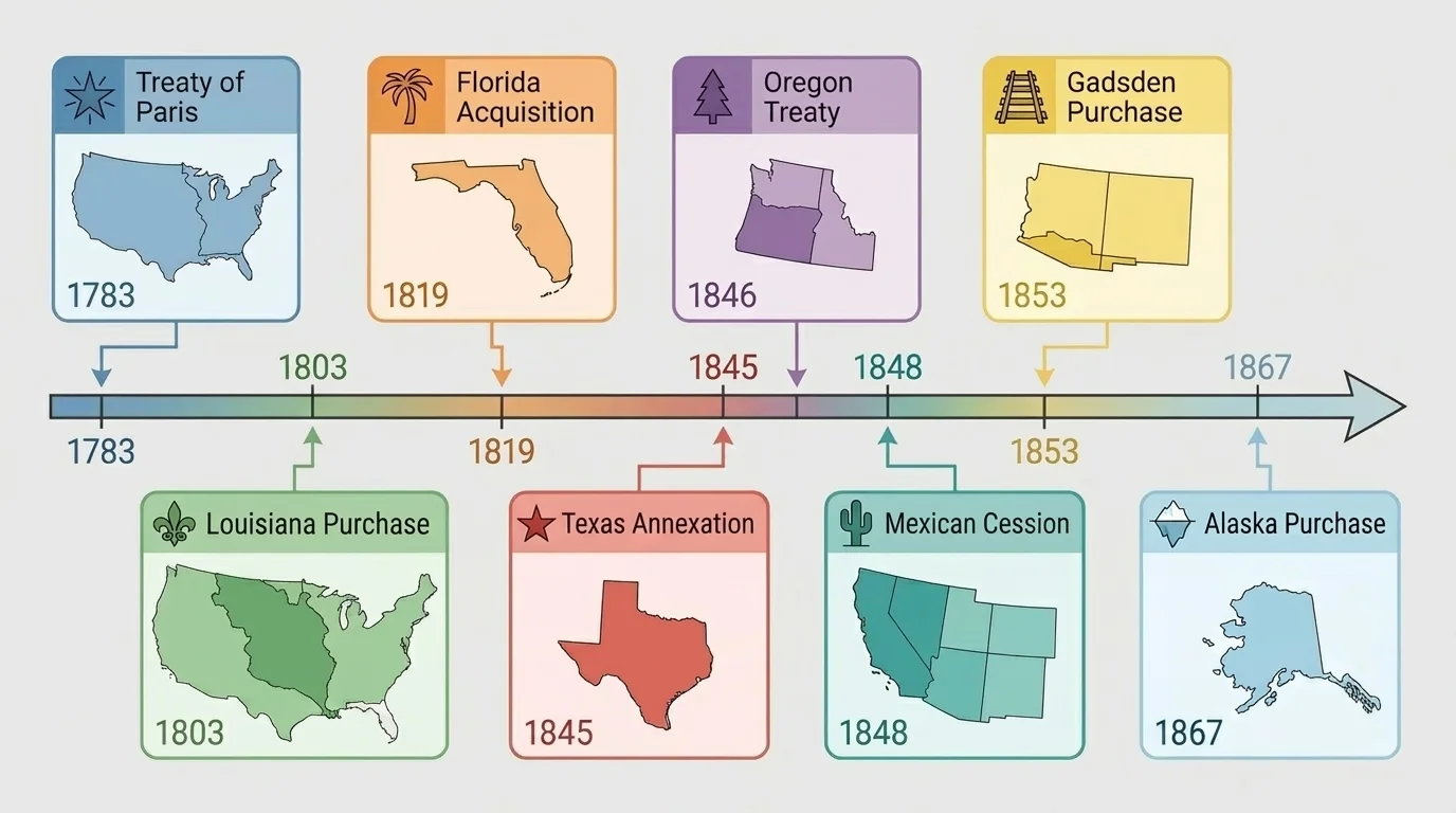 timeline of major U.S. land acquisitions from 1783 to 1867 including Treaty of Paris, Louisiana Purchase, Florida, Texas annexation, Oregon Treaty, Mexican Cession, Gadsden Purchase, and Alaska Purchase