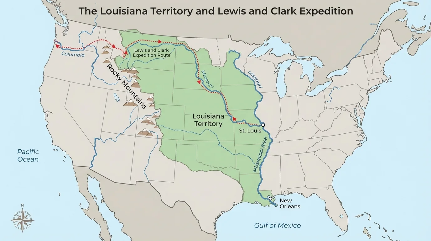 map showing the Louisiana Territory in color, the Mississippi River, New Orleans, the Rocky Mountains, and the route of Lewis and Clark