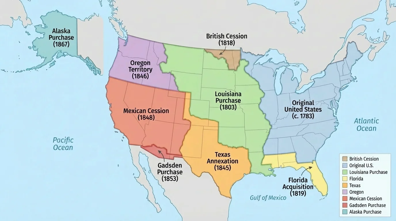 map of North America showing the original United States and major land acquisitions in different colors, including Louisiana Purchase, Florida, Texas, Oregon, Mexican Cession, Gadsden Purchase, and Alaska