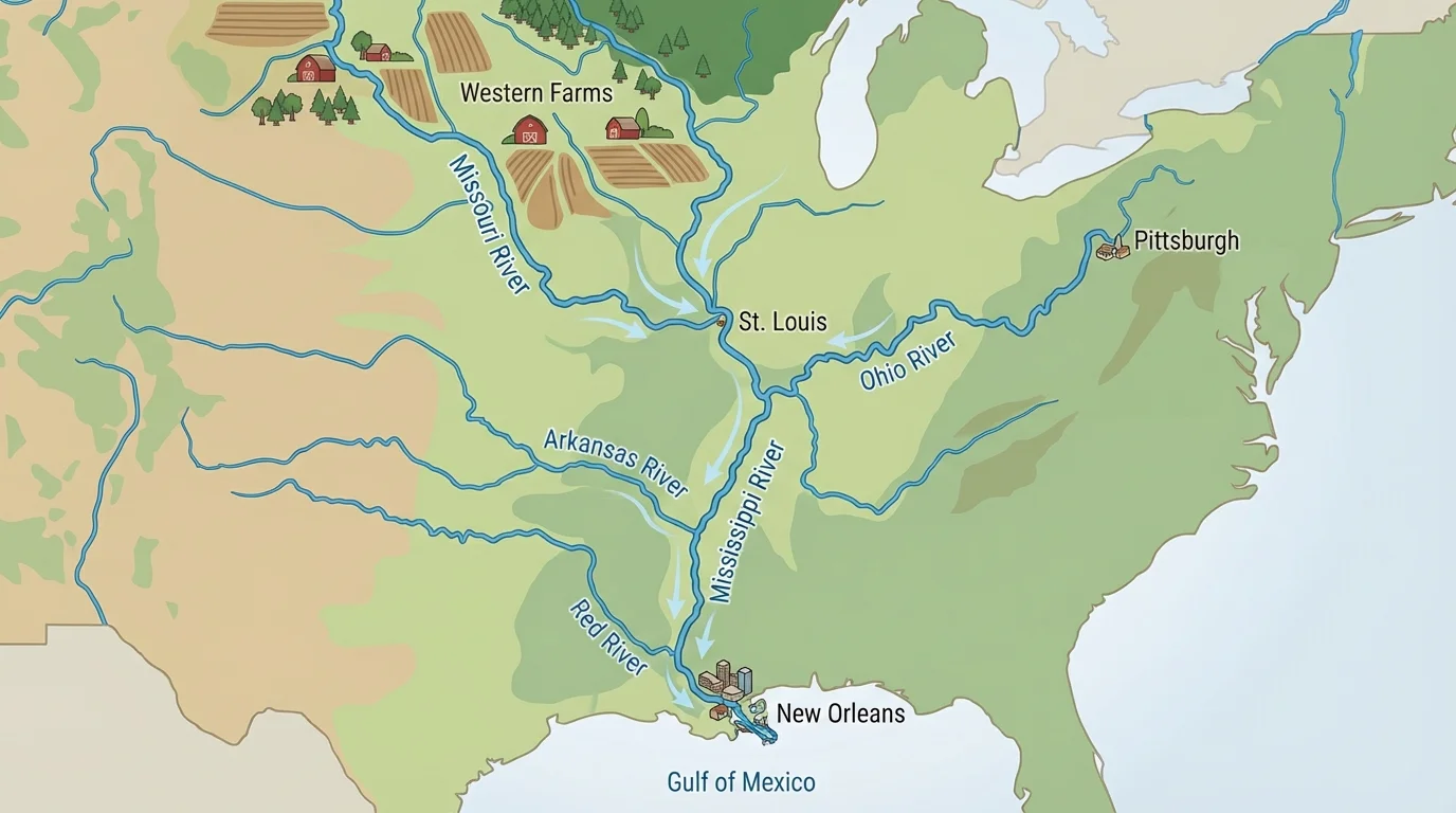 map of the Mississippi River system with western farms, tributaries, and New Orleans at the river mouth