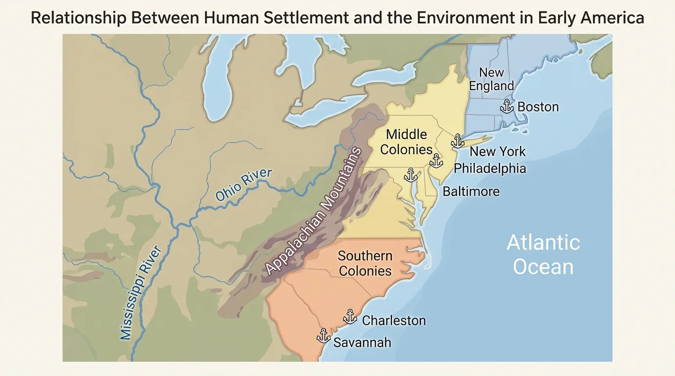 map of eastern North America with New England, Middle Colonies, Southern Colonies, Appalachian Mountains, Ohio River, Mississippi River, and Atlantic ports labeled