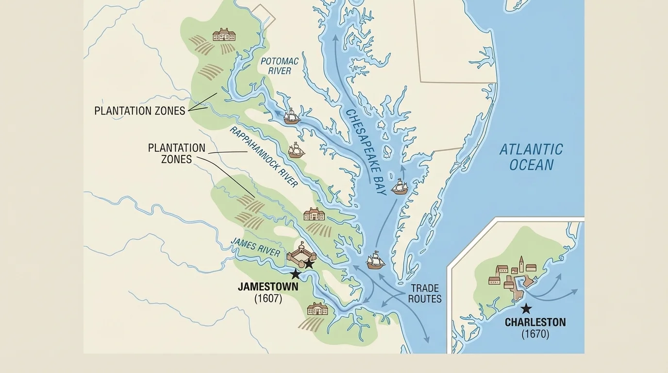 map showing Chesapeake Bay, tidewater rivers, plantation zones, and port towns such as Jamestown and Charleston
