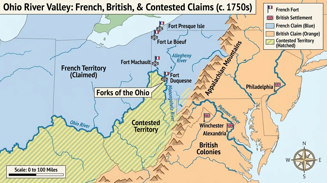 map of the Ohio River Valley with French forts, British colonies, and contested territory around the Forks of the Ohio