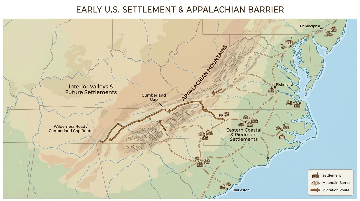 map showing Appalachian Mountains, eastern settlements, interior valleys, and a westward route through Cumberland Gap