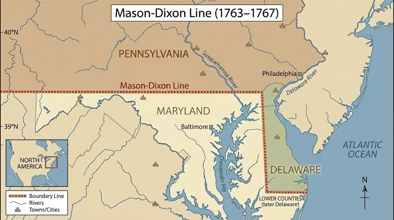 Historical map of the mid-Atlantic colonies showing the Mason-Dixon Line between Pennsylvania, Maryland, and Delaware