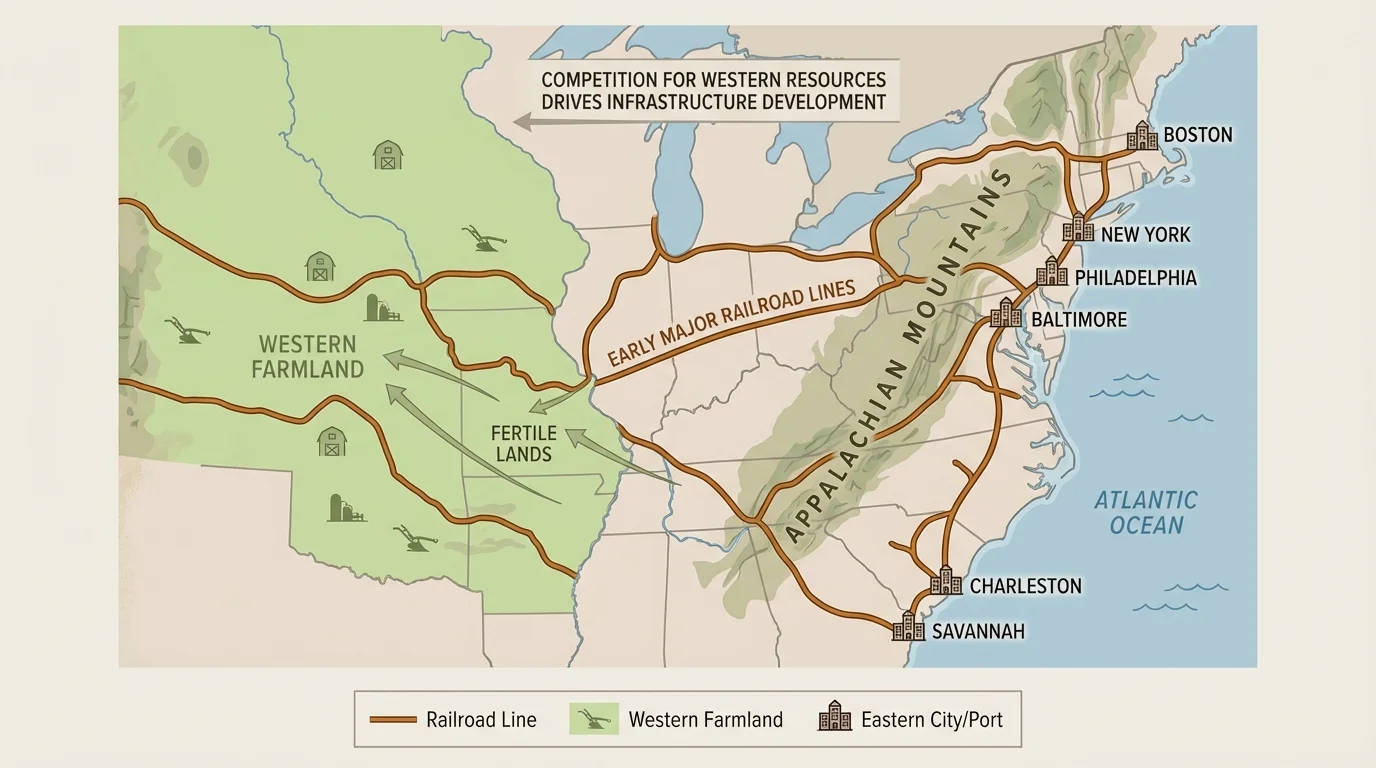 Map of major early U.S. railroad lines, eastern cities, Appalachian Mountains, and routes toward western farmland