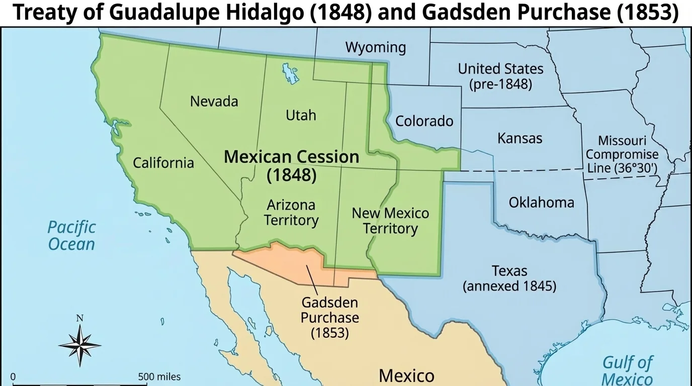 Map of land gained by the United States in the Treaty of Guadalupe Hidalgo, including California and the Southwest