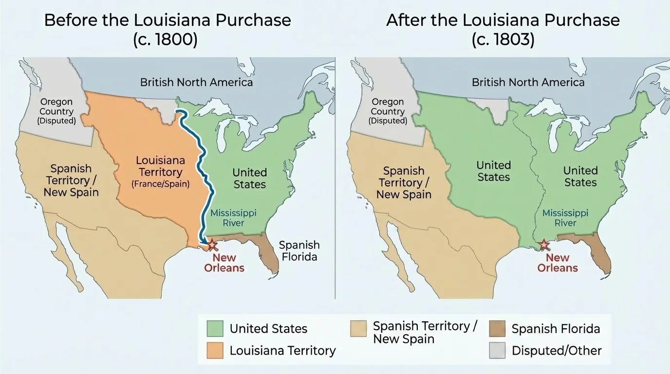 Map of the United States before and after the Louisiana Purchase with the Mississippi River and New Orleans highlighted
