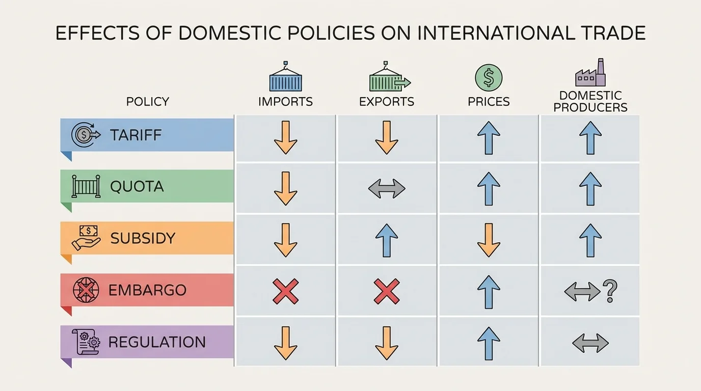 chart comparing tariff, quota, subsidy, embargo, and regulation with simple arrows showing effects on imports, exports, prices, and domestic producers